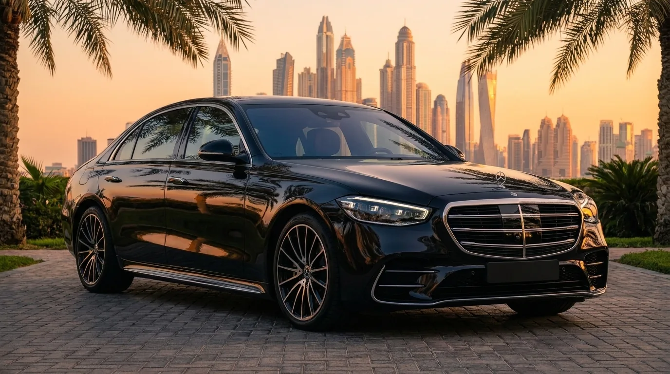 Gleaming luxury sedan with the Dubai Marina skyline at sunset