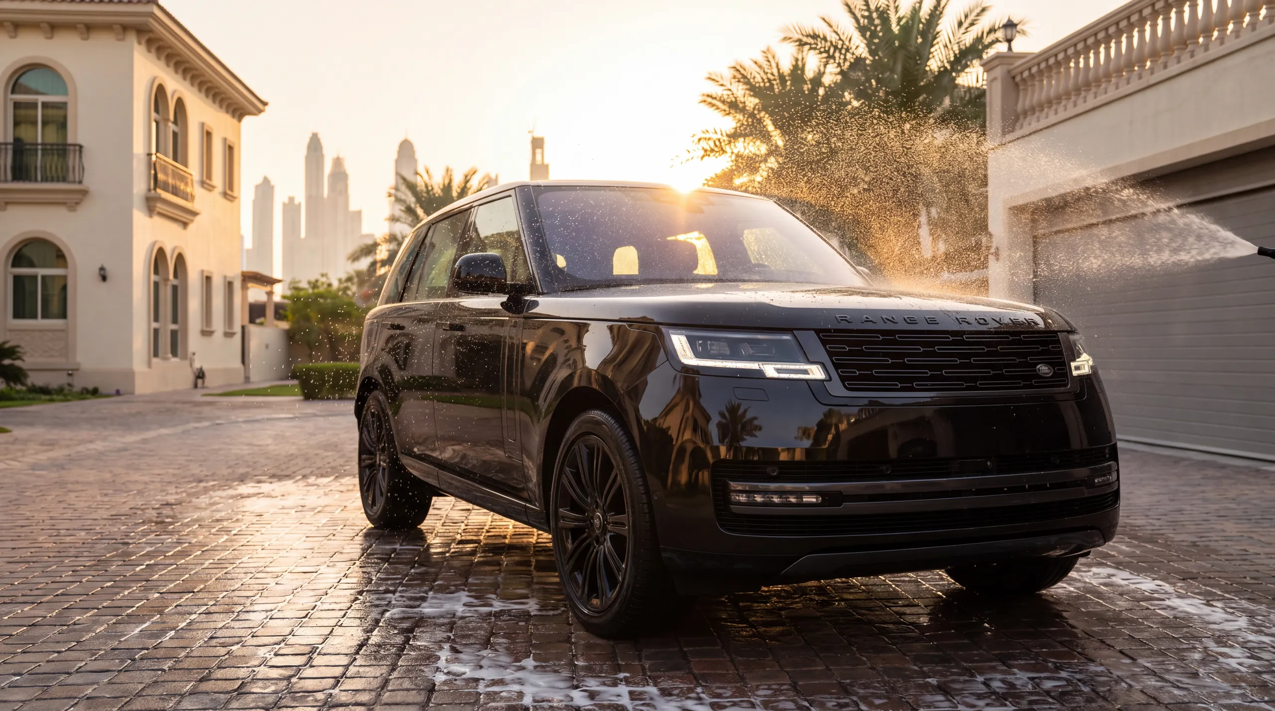 Luxury SUV being washed at golden hour outside a Dubai villa