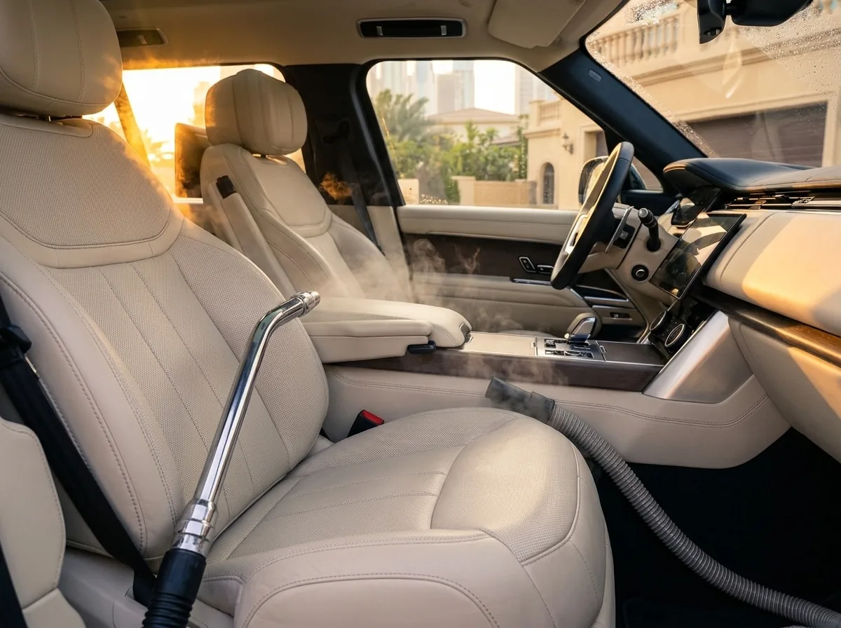 Steam cleaning of a cream leather car interior
