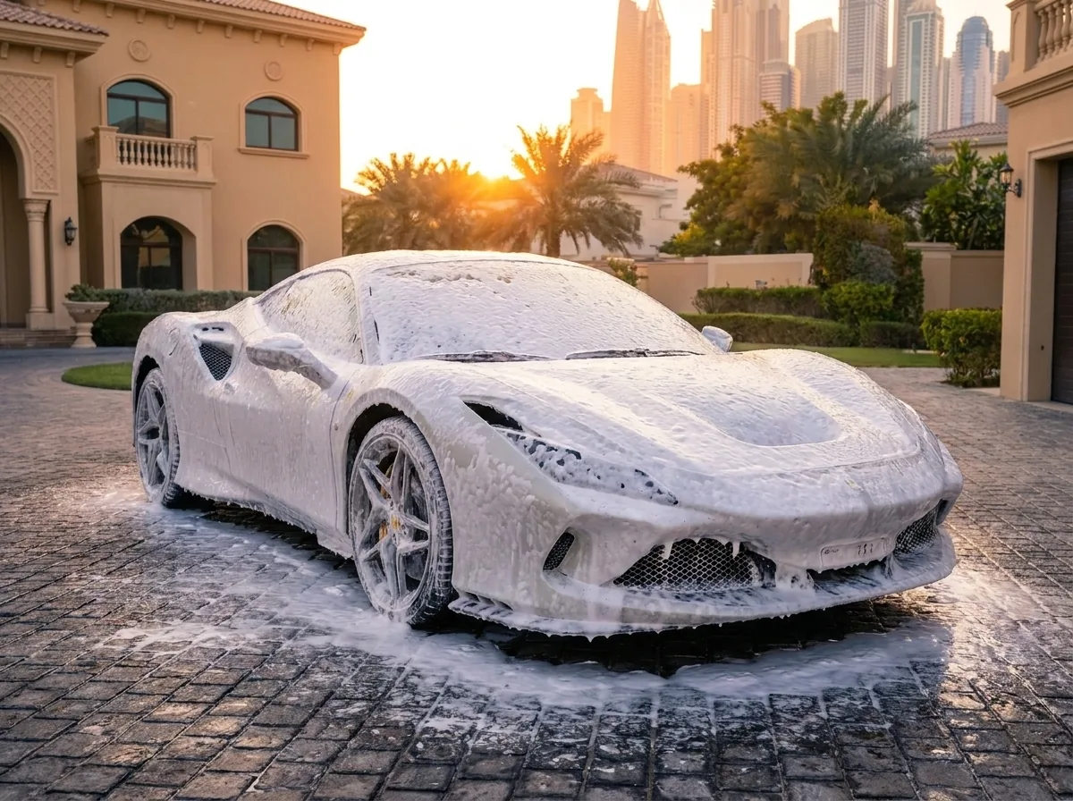 Sports coupe covered in snow foam at a Dubai villa at sunset
