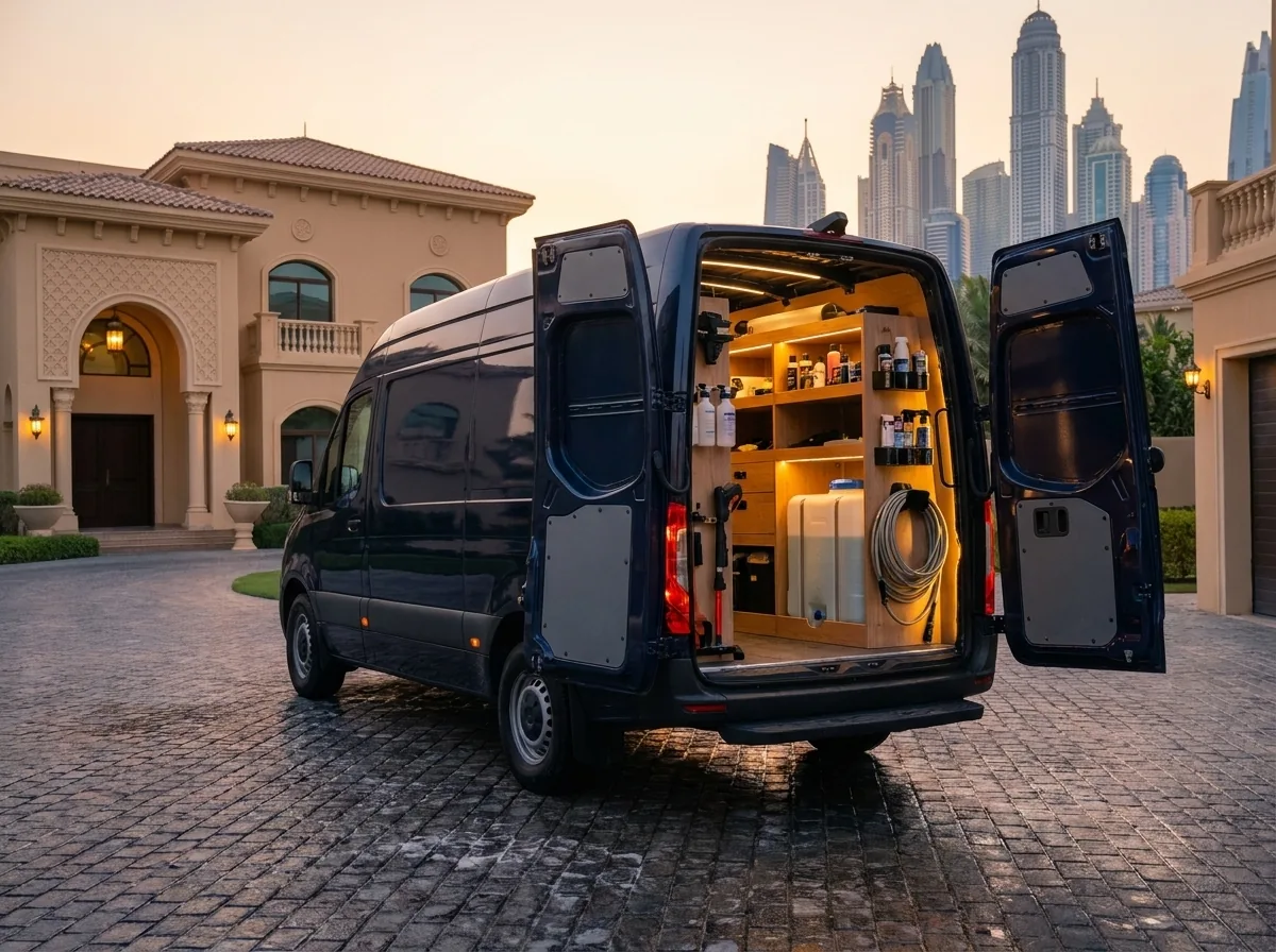 Apex Core detailing van with rear doors open at a Dubai villa at dusk